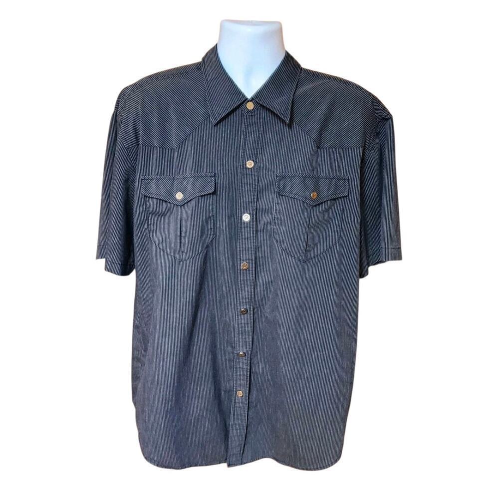 Victorious Mens Shirt 2XL Gray Pin Striped Embroidered Beaded Cross Short Sleeve